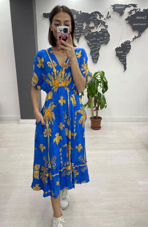 Rochie midi din bumbac, cu elastic in talie si imprimeu portocaliu pe fond albastru Rochii de Vară - Rochie midi din bumbac, cu elastic in talie si imprimeu portocaliu pe fond albastru