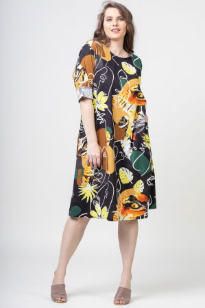 Rochii Casual - Rochie midi din bumbac cu imprimeu abstract pe fond negru