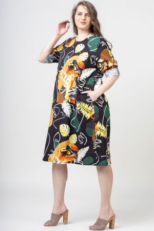 Rochie midi din bumbac cu imprimeu abstract pe fond negru [2]