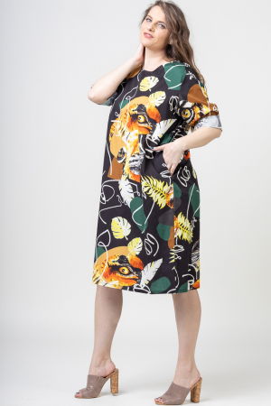 Rochie midi din bumbac cu imprimeu abstract pe fond negru [3]