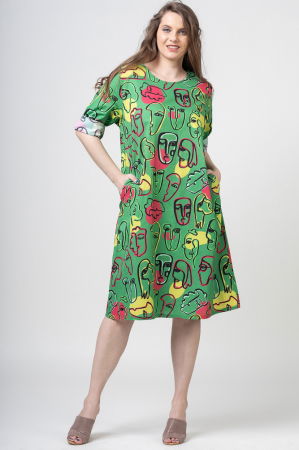 Rochie midi din bumbac cu imprimeu chipuri pe fond verde [2]