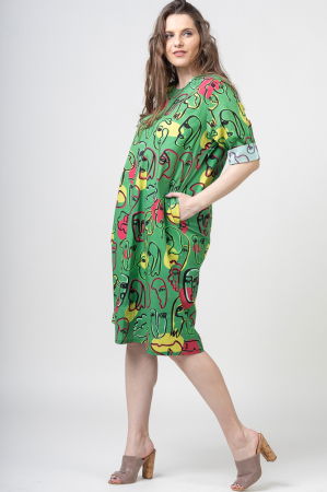 Rochie midi din bumbac cu imprimeu chipuri pe fond verde [3]