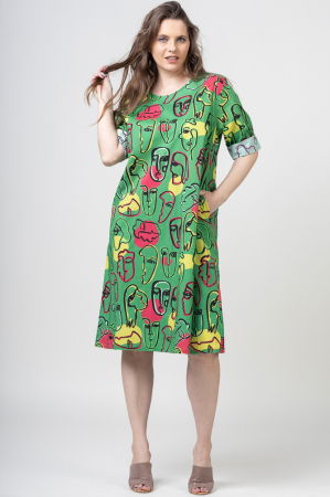 Rochie midi din bumbac cu imprimeu chipuri pe fond verde [1]