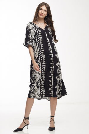 Rochie neagra din vascoza fluida, cu imprimeu grafic alb [1]