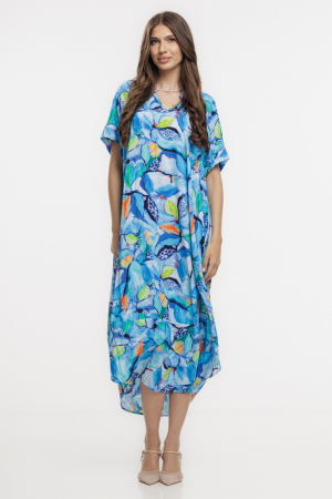 Rochii Casual - Rochie lunga lalea, vaporoasa, din vascoza cu imprimeu tropical multicolor predominant albastru