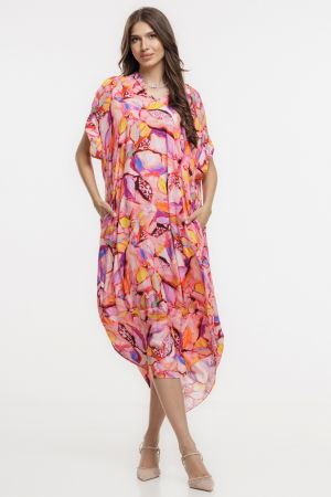 Rochii Casual - Rochie lunga lalea, vaporoasa, din vascoza cu imprimeu tropical multicolor predominant fucsia