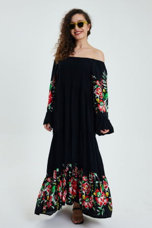 Rochie lunga Madonna neagra cu imprimeu floral, cu 4 volane, din vascoza [4]