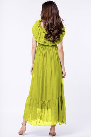 Rochie lunga, verde praz, din matase si vascoza, cu volan pe umeri [2]