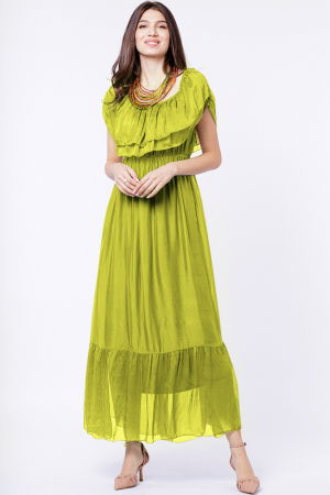 Rochii Elegante & Office - Rochie lunga, verde praz, din matase si vascoza, cu volan pe umeri