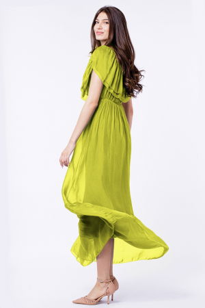 Rochie lunga, verde praz, din matase si vascoza, cu volan pe umeri [1]
