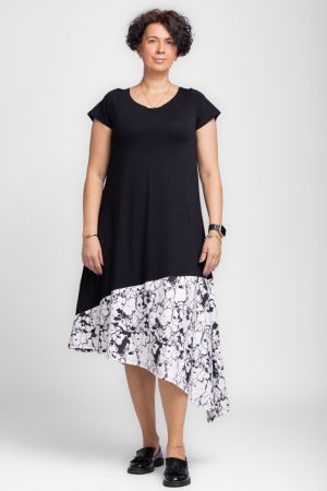 Rochii din Jerseu - Rochie A-line cu colt alb-negru marmorat, din jerseu de bumbac