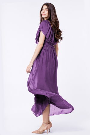 Rochie lunga, mov, din matase si vascoza, cu volan pe umeri [1]