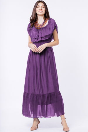 Rochii Elegante & Office - Rochie lunga, mov, din matase si vascoza, cu volan pe umeri