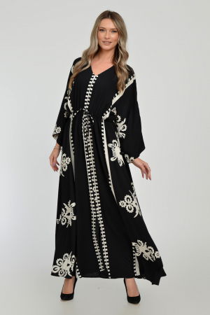 Rochie lunga, neagra, cu elastic in talie si imprimeu decoativ alb, din vascoza [4]