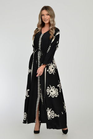 Rochie lunga, neagra, cu elastic in talie si imprimeu decoativ alb, din vascoza [10]