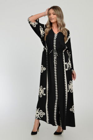 Rochie lunga, neagra, cu elastic in talie si imprimeu decoativ alb, din vascoza [11]