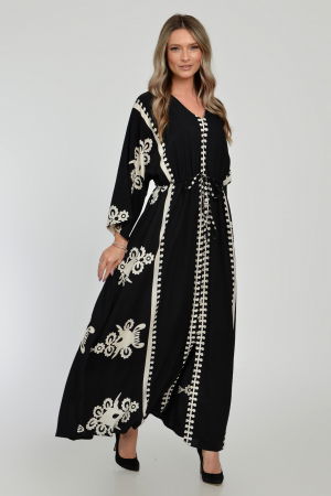 Rochie lunga, neagra, cu elastic in talie si imprimeu decoativ alb, din vascoza [3]