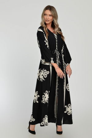 Rochie lunga, neagra, cu elastic in talie si imprimeu decoativ alb, din vascoza [9]