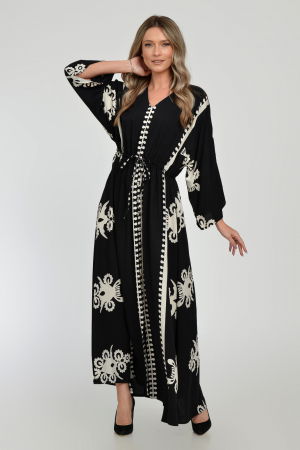 Rochie lunga, neagra, cu elastic in talie si imprimeu decoativ alb, din vascoza [5]