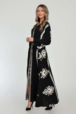 Rochie lunga, neagra, cu elastic in talie si imprimeu decoativ alb, din vascoza [7]