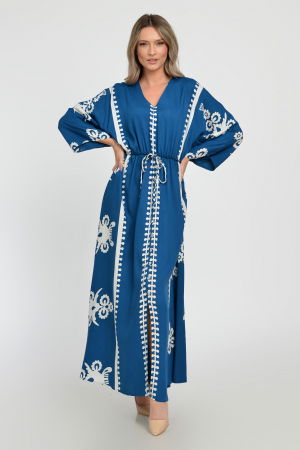 Rochie lunga, albastru turcoaz, cu elastic in talie si imprimeu decoativ alb, din vascoza [2]