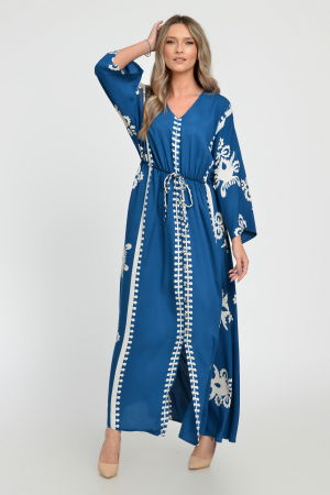 Rochie lunga, albastru turcoaz, cu elastic in talie si imprimeu decoativ alb, din vascoza [5]