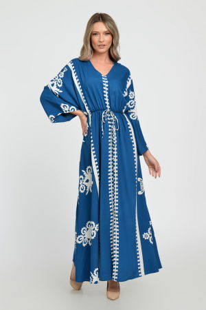 Rochie lunga, albastru turcoaz, cu elastic in talie si imprimeu decoativ alb, din vascoza [1]