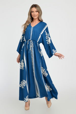 Rochii - Rochie lunga, albastru turcoaz, cu elastic in talie si imprimeu decoativ alb, din vascoza