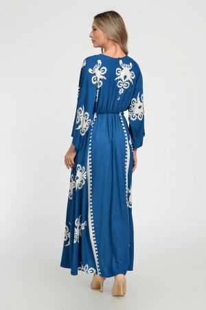 Rochie lunga, albastru turcoaz, cu elastic in talie si imprimeu decoativ alb, din vascoza [12]