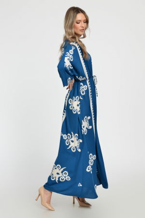 Rochie lunga, albastru turcoaz, cu elastic in talie si imprimeu decoativ alb, din vascoza [11]