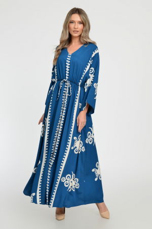 Rochie lunga, albastru turcoaz, cu elastic in talie si imprimeu decoativ alb, din vascoza [9]