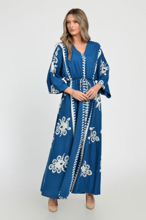 Rochie lunga, albastru turcoaz, cu elastic in talie si imprimeu decoativ alb, din vascoza [6]