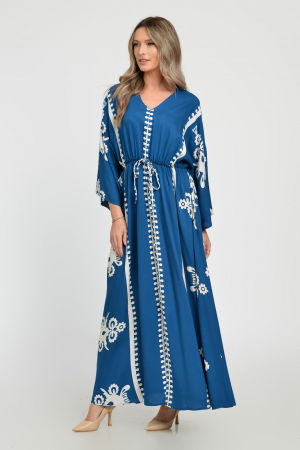 Rochie lunga, albastru turcoaz, cu elastic in talie si imprimeu decoativ alb, din vascoza [10]