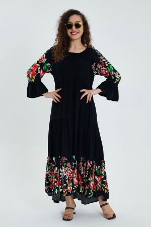 Rochie lunga Madonna neagra cu imprimeu floral, cu 4 volane, din vascoza [3]
