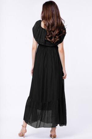 Rochie lunga, neagra, din matase si vascoza, cu volan pe umeri [2]