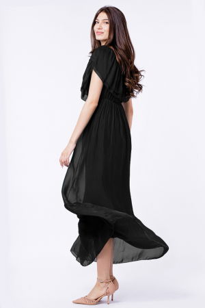 Rochie lunga, neagra, din matase si vascoza, cu volan pe umeri [1]