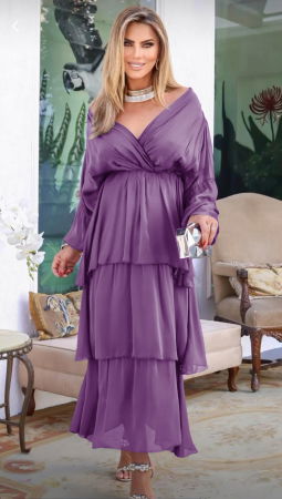 Rochii Elegante & Office - Rochie lunga suprapusa din matase, cu trei volane mari si maneca lunga, mov