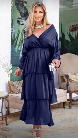 Rochii Elegante & Office - Rochie lunga suprapusa din matase, cu trei volane mari si maneca lunga, bleumarin