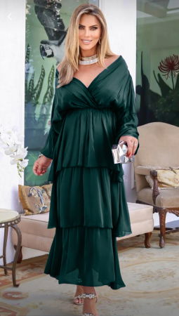 Rochii Elegante & Office - Rochie lunga suprapusa din matase, cu trei volane mari si maneca lunga, verde inchis