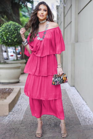 Rochii Elegante & Office - Rochie lunga suprapusa din matase si vascoza, cu trei volane mari si elastic pe umeri, fucsia