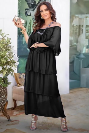 Rochie lunga suprapusa din matase si vascoza, cu trei volane mari si elastic pe umeri, neagra [1]