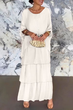 Rochii Elegante & Office - Rochie lunga suprapusa din matase si vascoza, cu trei volane mari si maneca cazuta, alba