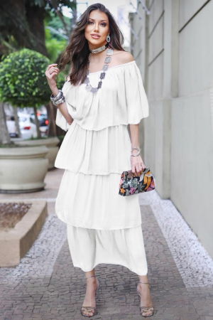 Rochii Elegante & Office - Rochie lunga suprapusa din matase si vascoza, cu trei volane mari si elastic pe umeri, alba