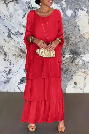 Rochii Elegante & Office - Rochie lunga suprapusa din matase si vascoza, cu trei volane mari si maneca cazuta, fucsia