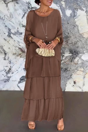 Rochii Elegante & Office - Rochie lunga suprapusa din matase si vascoza, cu trei volane mari si maneca cazuta, maro ciocolata
