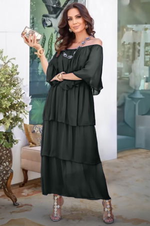 Rochii Elegante & Office - Rochie lunga suprapusa din matase si vascoza, cu trei volane mari si elastic pe umeri, gri inchis