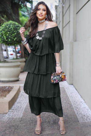 Rochie lunga suprapusa din matase si vascoza, cu trei volane mari si elastic pe umeri, gri inchis [2]