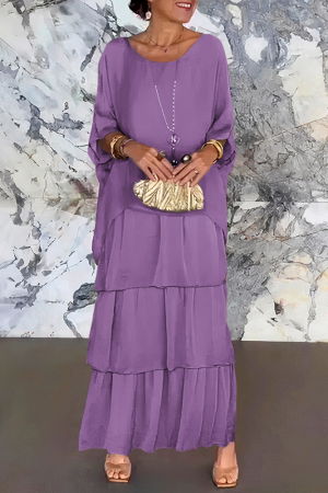 Rochii Elegante & Office - Rochie lunga suprapusa din matase si vascoza, cu trei volane mari si maneca cazuta, mov deschis