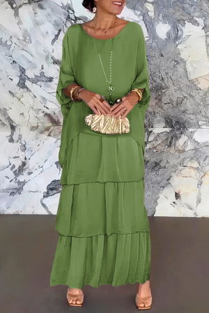 Rochii Elegante & Office - Rochie lunga suprapusa din matase si vascoza, cu trei volane mari si maneca cazuta, verde oliv