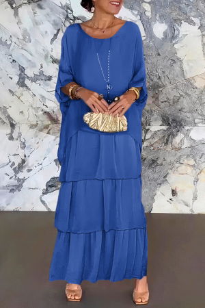 Rochii Elegante & Office - Rochie lunga suprapusa din matase si vascoza, cu trei volane mari si maneca cazuta, albastra